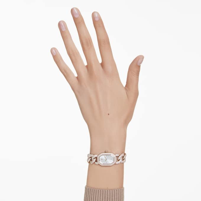 Dextera Kettenuhr Swiss Made, Kristallarmband, Weiß, champagnerfarbene Goldoptik Dextera Kettenuhr Swiss Made, Kristallarmband, Weiß, champagnerfarbene Goldoptik