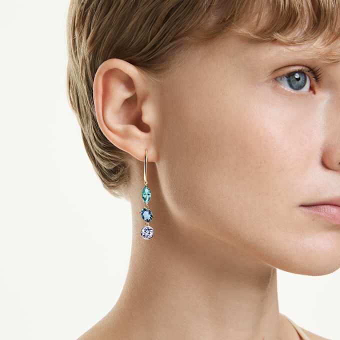 Gema-Tropfenohrringe – asymmetrisches Design, gemischte Schliffe, mehrfarbig, goldfarben plattiert Gema-Tropfenohrringe – asymmetrisches Design, gemischte Schliffe, mehrfarbig, goldfarben plattiert