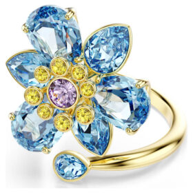 Idyllia Offener Ring mit gemischten Schliffen, Blume, Blau, goldfarben plattiert