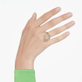 Idyllia Offener Ring mit gemischten Schliffen, Blume, grün, goldfarben plattiert