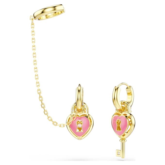 Idyllia-Ohrringe mit Ohrklemme, gemischte Schliffe, Herz mit Schlüssel, rosa, goldfarben plattiert Idyllia-Ohrringe mit Ohrklemme, gemischte Schliffe, Herz mit Schlüssel, rosa, goldfarben plattiert