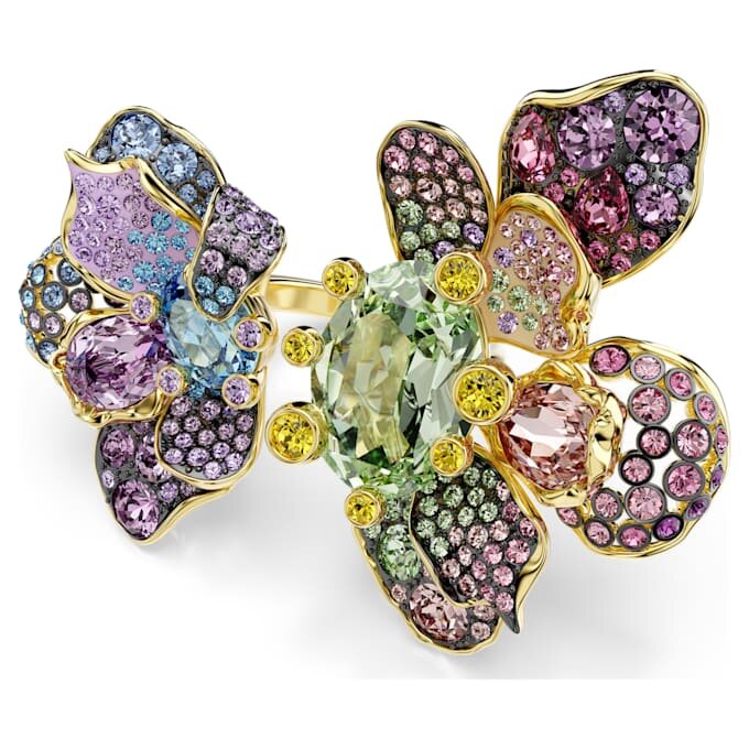 Idyllia-Ring mit gemischten Schliffen, Pavé, Blumenmotiv, mehrfarbig, goldfarben plattiert Idyllia-Ring mit gemischten Schliffen, Pavé, Blumenmotiv, mehrfarbig, goldfarben plattiert