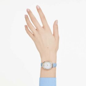 Imber Oval Uhr Swiss Made, Lederarmband, Blau, champagnerfarbene Goldoptik