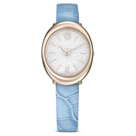 Imber Oval Uhr Swiss Made, Lederarmband, Blau, champagnerfarbene Goldoptik
