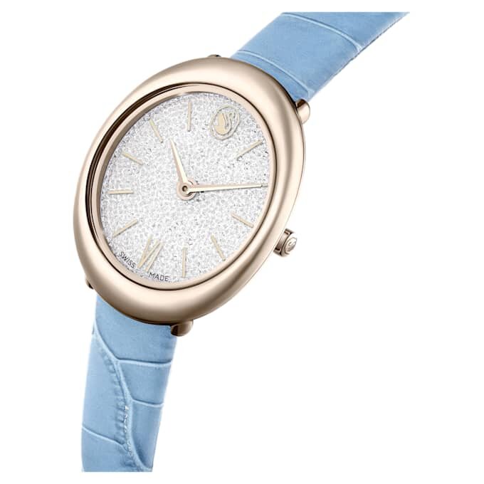Imber Oval Uhr Swiss Made, Lederarmband, Blau, champagnerfarbene Goldoptik Imber Oval Uhr Swiss Made, Lederarmband, Blau, champagnerfarbene Goldoptik