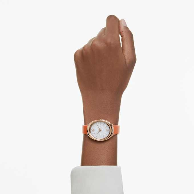 Imber Oval Uhr, Swiss Made, Lederarmband, orange, roségoldfarben Imber Oval Uhr, Swiss Made, Lederarmband, orange, roségoldfarben